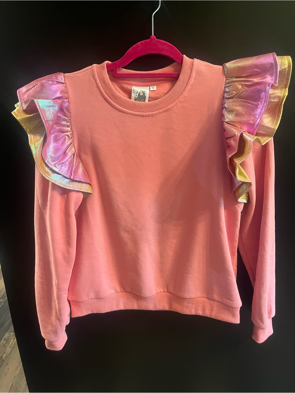 QUEEN OF SPARKLES Pink Sweatshirt with Iridescent Ruffle Shoulders